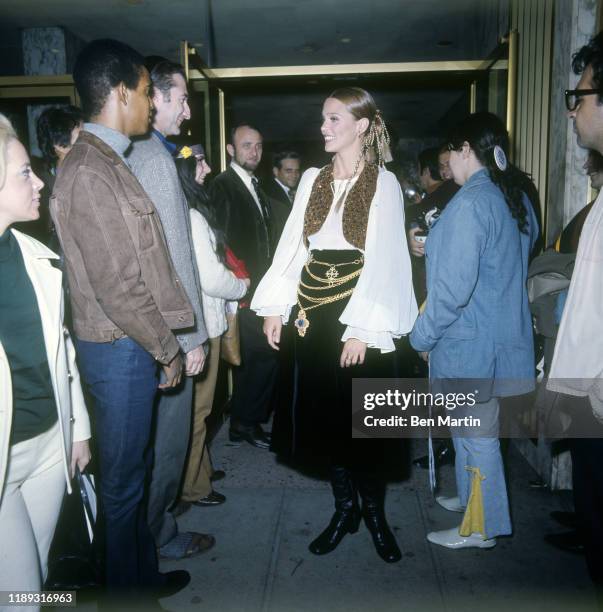 Actress Leigh Taylor Young attending the premiere of 'I love you, Alice B Toklas' wearing a Persian-inspired outfit by Adolfo, 1968.