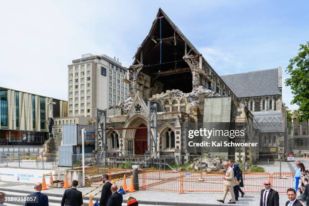 Prince Charles, Prince of Wales visits the Christchurch Cathedral site on November 22, 2019 in Christchurch, New Zealand. The Prince of Wales and...