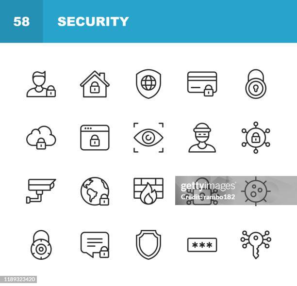 stockillustraties, clipart, cartoons en iconen met pictogrammen voor beveiligings lijnen. bewerkbare lijn. pixel perfect. voor mobiel en internet. bevat dergelijke iconen zoals veiligheid, schild, verzekering, hangslot, computernetwerk, ondersteuning, sleutels, safe, bug, cyber security. - beveiligingssysteem
