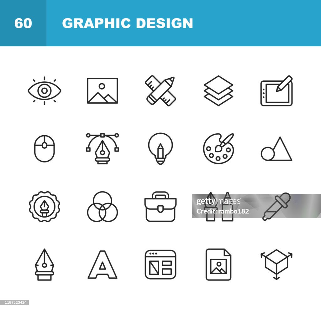 Grafikdesign und Kreativität Liniensymbole. Bearbeitbarer Strich. Pixel perfekt. Für Mobile und Web. Enthält Symbole wie Kreativität, Layout, Mobile App Design, Kunstwerkzeuge, Zeichentablett, Typografie, Farbpalette.