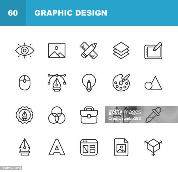 グラフィックデザインと創造性ラインアイコン。編集可能なストローク。ピクセルパーフェクト。モバイルおよび web 用。創造性、レイアウト、モバイルアプリデザイン、アートツール、描� - 芸術家点のイラスト素材／クリップアート素材／マンガ素材／アイコン素材