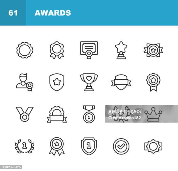 ilustraciones, imágenes clip art, dibujos animados e iconos de stock de premios e iconos de la línea de logro. trazo editable. píxel perfecto. para móviles y web. contiene iconos como premio, medalla, oro, logro, éxito, podio, ganar. - accesorio de cabeza