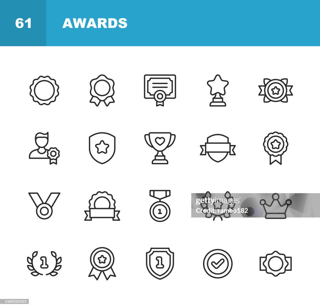 Awards and Achievement Line Icons. Editable Stroke. Pixel Perfect. For Mobile and Web. Contains such icons as Award, Medal, Gold, Achievement, Success, Podium, Winning.