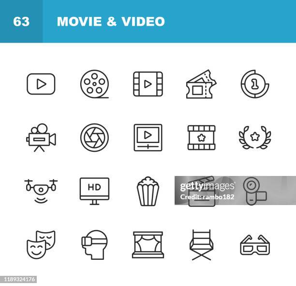 stockillustraties, clipart, cartoons en iconen met video, cinema, film lijn iconen. bewerkbare lijn. pixel perfect. voor mobiel en internet. bevat dergelijke iconen als video speler, film, camera, bioscoop, 3d-bril, virtual reality, theater, tickets, drone, regie, televisie. - television camera