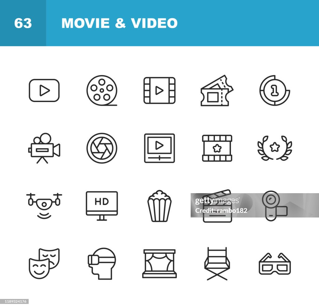 Video, film, film linje ikoner. Redigerbar stroke. Pixel perfekt. För mobil och webb. Innehåller sådana ikoner som videospelare, film, kamera, bio, 3D-glasögon, virtuell verklighet, Teater, biljetter, Drone, regi, TV.