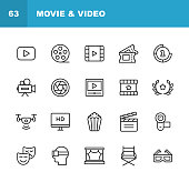 Video, Cinema, Film Line Icons. Editable Stroke. Pixel Perfect. For Mobile and Web. Contains such icons as Video Player, Film, Camera, Cinema, 3D Glasses, Virtual Reality, Theatre, Tickets, Drone, Directing, Television.