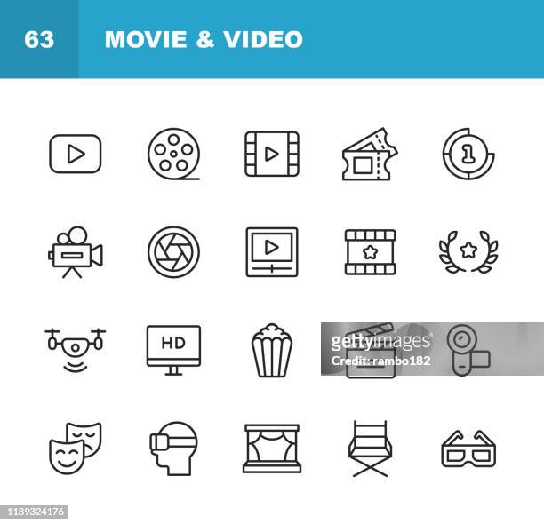 video, cinema, film line icons. editable stroke. pixel perfect. for mobile and web. contains such icons as video player, film, camera, cinema, 3d glasses, virtual reality, theatre, tickets, drone, directing, television. - virtual reality stock illustrations