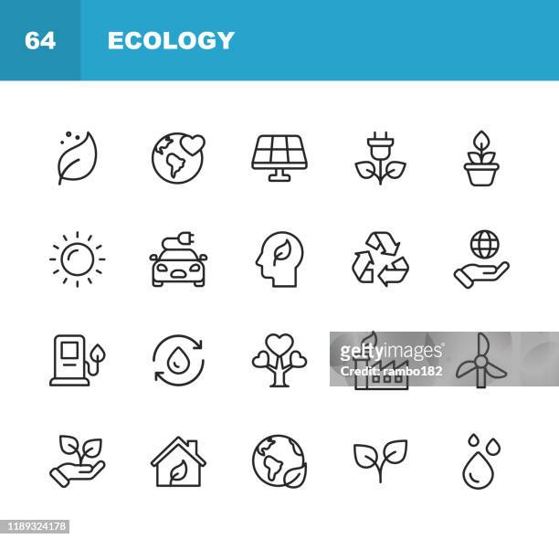 ökologie und umwelt linie icons. bearbeitbarer strich. pixel perfekt. für mobile und web. enthält symbole wie blatt, ökologie, umwelt, glühbirne, wald, grüne energie, landwirtschaft, wasser, klimawandel, recycling. - energieindustrie stock-grafiken, -clipart, -cartoons und -symbole