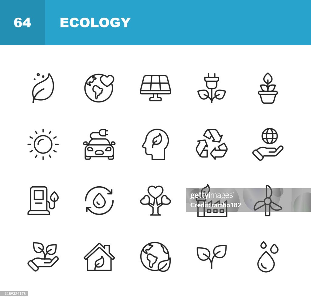 Iconos de líneas de ecología y medio ambiente. Trazo editable. Píxel perfecto. Para móviles y web. Contiene iconos como Hoja, Ecología, Medio Ambiente, Bombilla, Bosque, Energía Verde, Agricultura, Agua, Cambio Climático, Reciclaje.