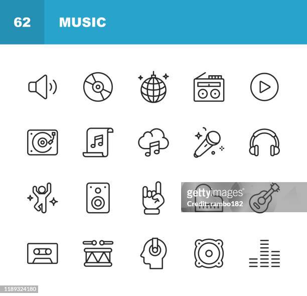 musik-linien-symbole. bearbeitbarer strich. pixel perfekt. für mobile und web. enthält symbole wie lautsprecher, audio, musik-player, musik-streaming, tanzen, party, klavier, kopfhörer, gitarre, radio. - rock music stock-grafiken, -clipart, -cartoons und -symbole