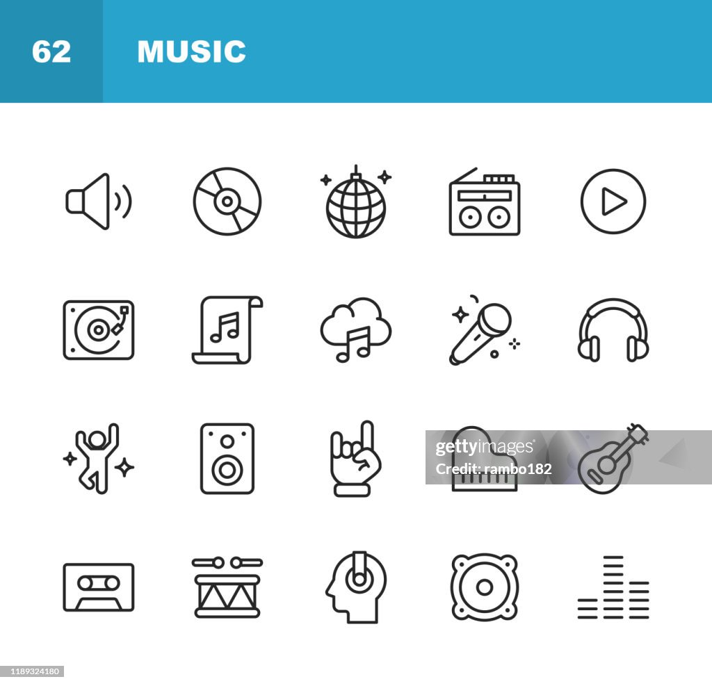Music Line Icons. Editable Stroke. Pixel Perfect. For Mobile and Web. Contains such icons as Speaker, Audio, Music Player, Music Streaming, Dancing, Party, Piano, Headphones, Guitar, Radio.
