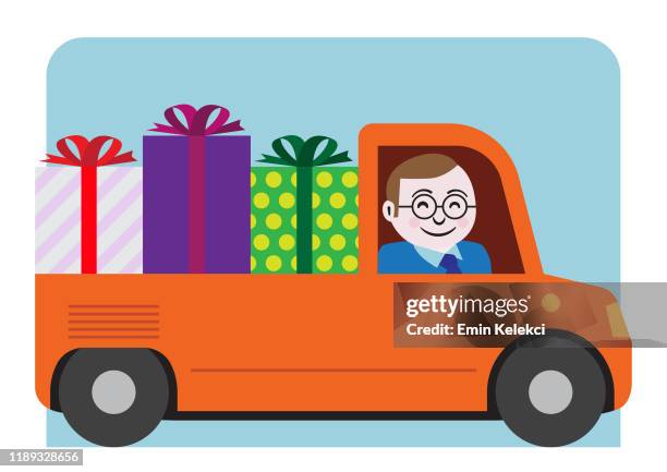 ilustraciones, imágenes clip art, dibujos animados e iconos de stock de caja de regalo camioneta cargada - tienda de regalos