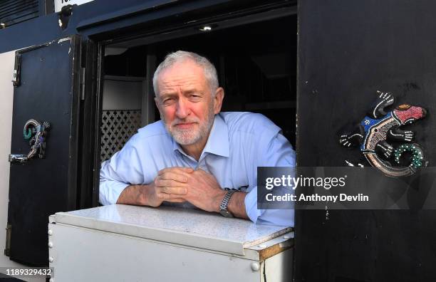 Leader of the Labour Party, Jeremy Corbyn poses during a visit to The Oatcake Boat on the Trent & Mersey Canal on November 22, 2019 in Stoke on...