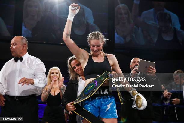 Tayla Harris celebrates after winning during the Australian Female Super Welterweight Boxing Title match against Janay Harding at the Melbourne...