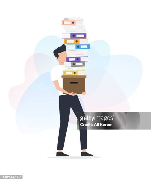 man carrying stack of paper works - effort stock illustrations