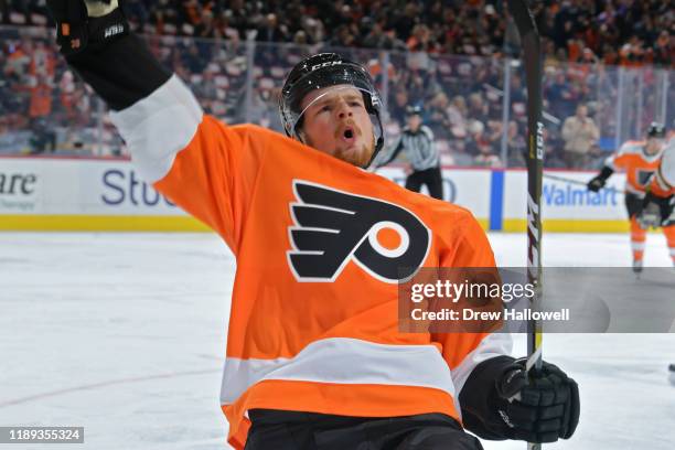 David Kase of the Philadelphia Flyers celebrates his first NHL goal during the game against the Anaheim Ducks in the second period at Wells Fargo...