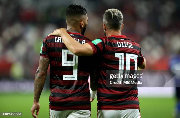 Diego Ribas and Gabriel Barbosa of CR Flamengo celebrates during the Match CR Flamengo and Al Hilal SFC ,at Khalifa International Stadium on December...
