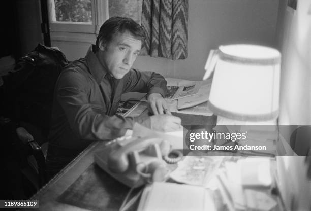 Russian anti-establishment actor, poet, songwriter and singer Vladimir Vysotsky at the home he shares with his wife, French actress Marinal Vlady,...