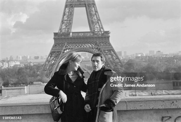 French actress Marina Vlady in front of the Eiffel Tower at the Trocadero, Paris, with her husband Vladimir Vysotsky, a Russian anti-establishment...