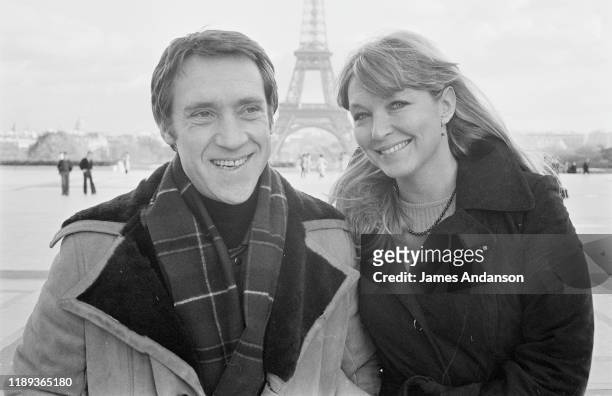 FFrench actress Marina Vlady in front of the Eiffel Tower at the Trocadero, Paris, with her husband Vladimir Vysotsky, a Russian anti-establishment...