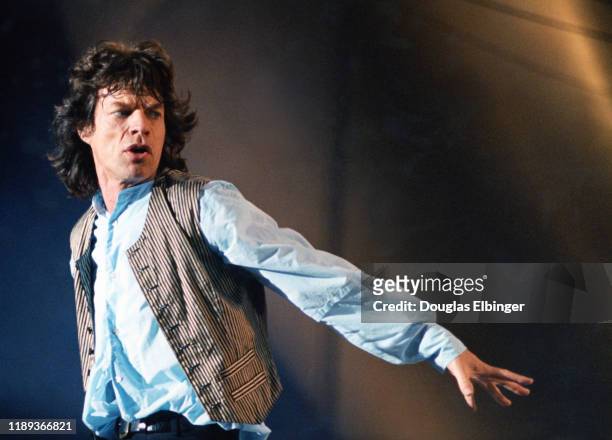 English Rock singer Mick Jagger, of the group the Rollings Stones, performs onstage, during the group's 'Voodoo Lounge Tour,' at Spartan Stadium,...