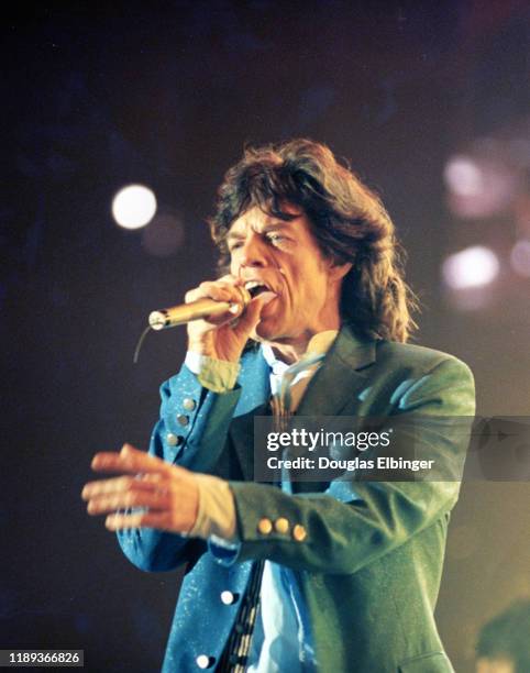 English Rock singer Mick Jagger, of the group the Rollings Stones, performs onstage, during the group's 'Voodoo Lounge Tour,' at Spartan Stadium,...