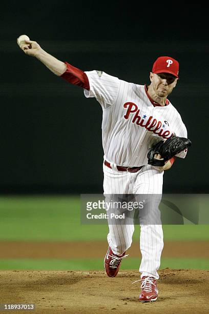 National League All-Star Roy Halladay of the Philadelphia Phillies throws a pitch in the first inning of the 82nd MLB All-Star Game at Chase Field on...