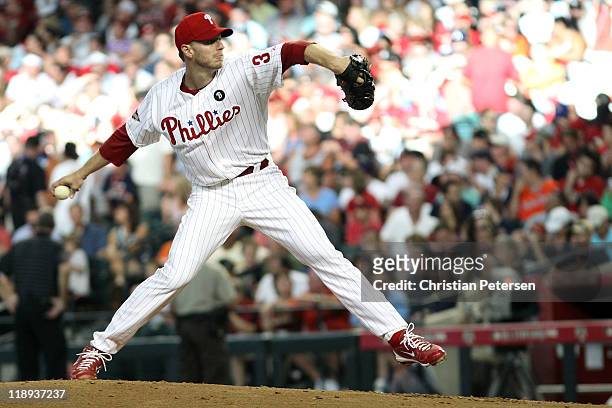 National League All-Star Roy Halladay of the Philadelphia Phillies throws a pitch during the 82nd MLB All-Star Game at Chase Field on July 12, 2011...