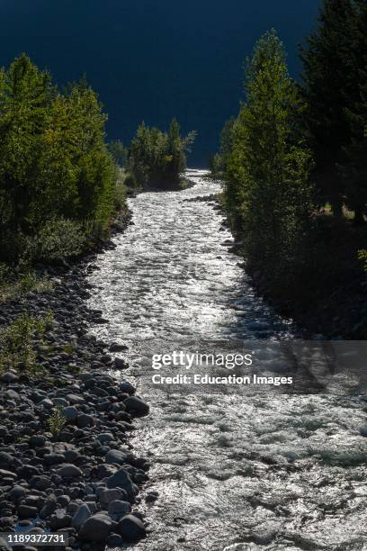 Carpenter Creek flowing into Slocan Lake, New Denver, Slocan Valley, West Kootenay, British Columbia, Canada.