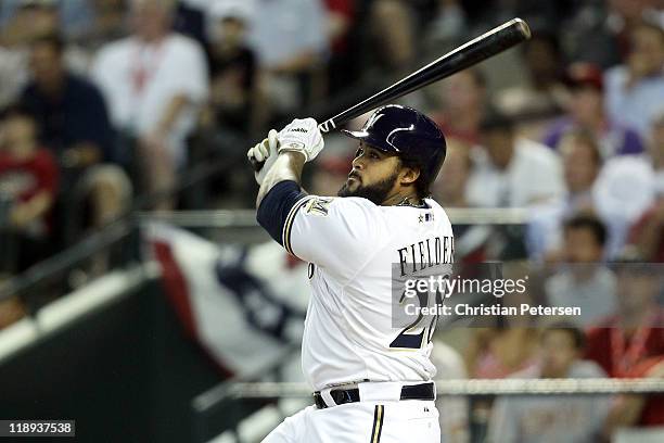 National League All-Star Prince Fielder of the Milwaukee Brewers hits a three-run home run in the fourth inning of the 82nd MLB All-Star Game at...