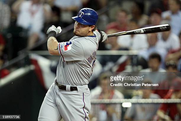American League All-Star Josh Hamilton of the Texas Rangers breaks his bat on a single in the fourth inning of the 82nd MLB All-Star Game at Chase...