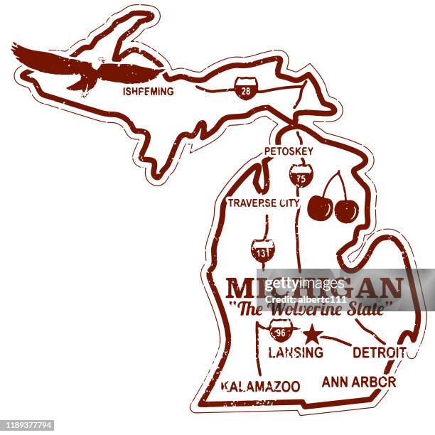 ilustrações, clipart, desenhos animados e ícones de selo retro do curso de michigan - lansing