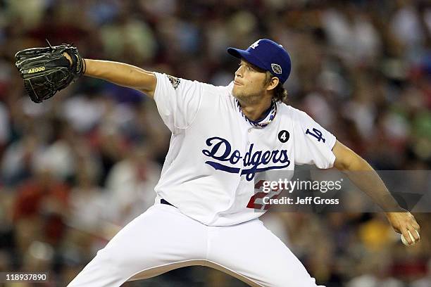 National League All-Star Clayton Kershaw of the Los Angeles Dodgers throws a pitch during the 82nd MLB All-Star Game at Chase Field on July 12, 2011...