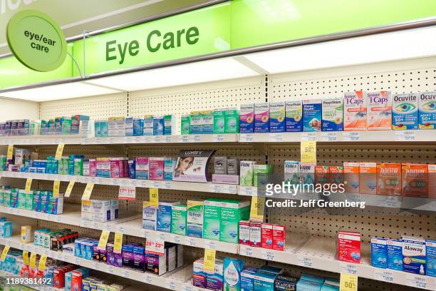 Pharmacy, eye care products display.
