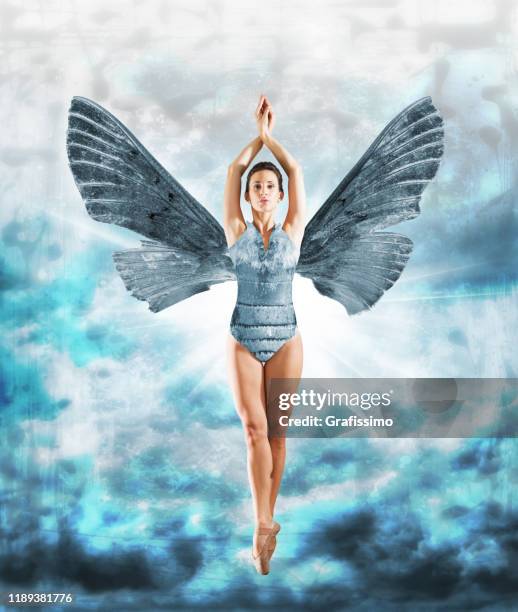 beautiful woman dancing ballet with animal wings - animal limb stock pictures, royalty-free photos & images