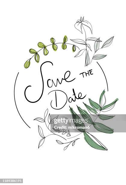 branches and leaf  in a circle with save the date - small wedding fotografías e imágenes de stock