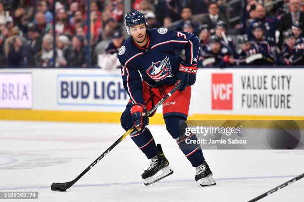 Seth Jones of the Columbus Blue Jackets skates against the Detroit Red Wings on November 21, 2019 at Nationwide Arena in Columbus, Ohio.