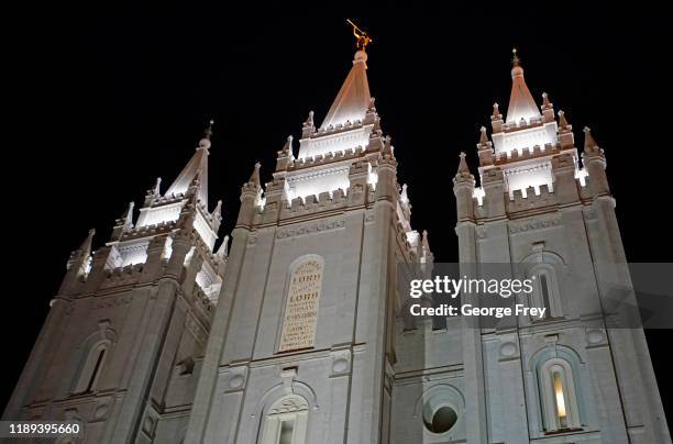 The Church of Jesus Christ of Latter-Day Saints, historic Mormon Salt Lake Temple is shown here on December 17, 2019 in Salt Lake City, Utah. A...