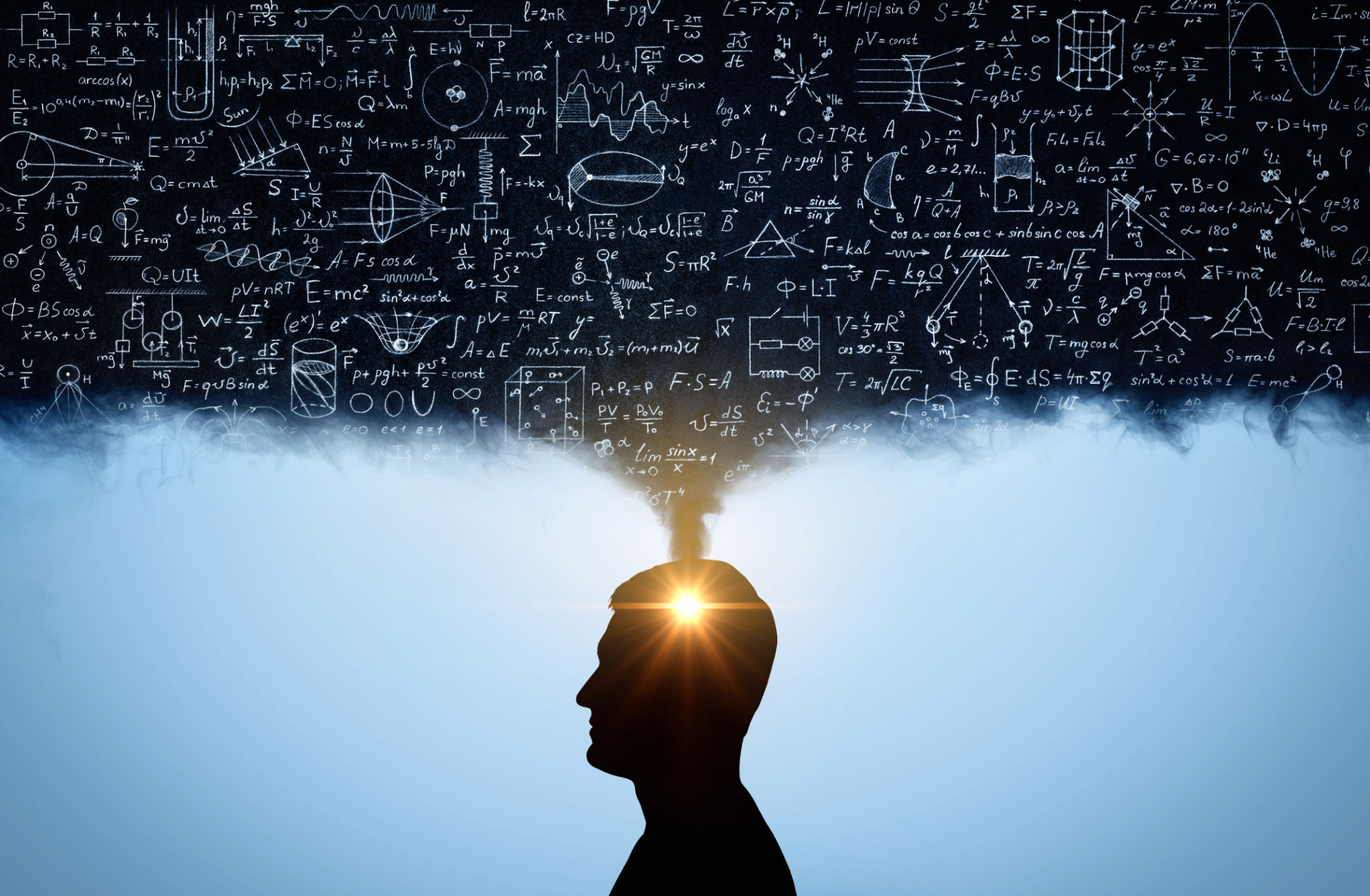 Silhouette of a man, with thoughts in the form of physico-mathematical formulas. Silhouette of a man, with thoughts in the form of physico-mathematical formulas.