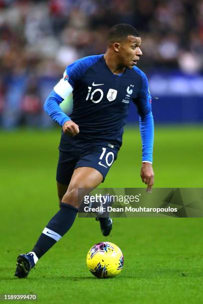 Kylian Mbappe of France in action during the UEFA Euro 2020 Qualifier between France and Moldova held at Stade de France on November 14, 2019 in...