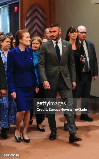 Henrietta Fore, Executive Director of the UN Childrens Fund along with David Beckham, Goodwill Ambassador for UNICEF, at the United Nations, New York...