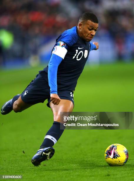 Kylian Mbappe of France in action during the UEFA Euro 2020 Qualifier between France and Moldova held at Stade de France on November 14, 2019 in...