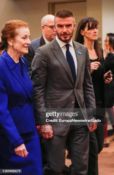 Henrietta Fore, Executive Director of the UN Childrens Fund along with David Beckham, Goodwill Ambassador for UNICEF, at the United Nations, New York...