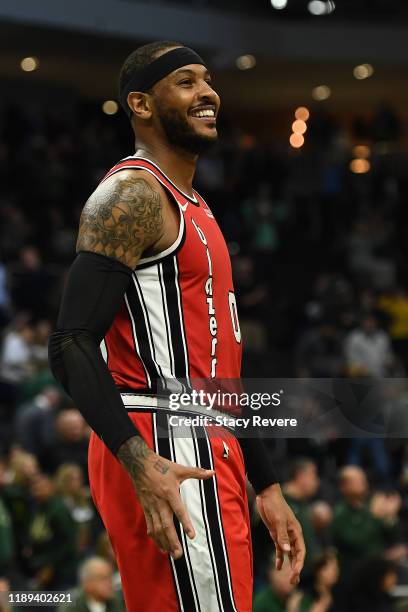 Carmelo Anthony of the Portland Trail Blazers waits for a free throw during a game against the Milwaukee Bucks at Fiserv Forum on November 21, 2019...