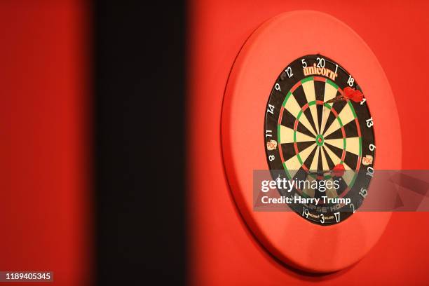 Detailed view of a Dart Board with Darts on during Day One of the PDC Players Darts Championship at Butlins Resort on November 22, 2019 in Minehead,...