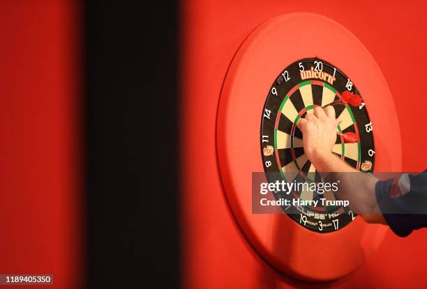 Detailed view of a Dart Board with Darts on during Day One of the PDC Players Darts Championship at Butlins Resort on November 22, 2019 in Minehead,...