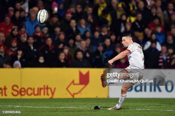 John Cooney of Ulster Rugby kicks a conversion during the Heineken Champions Cup Round 2 match between Ulster Rugby and ASM Clermont Auvergne at...