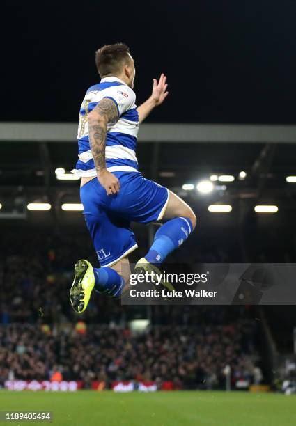 Jordan Hugill of Queens Park Rangers celebrates scoring the first goal of the game during the Sky Bet Championship match between Fulham and Queens...