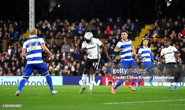 Aboubakar Kamara of Fulham FC scores his teams first goal during the Sky Bet Championship match between Fulham and Queens Park Rangers at Craven...