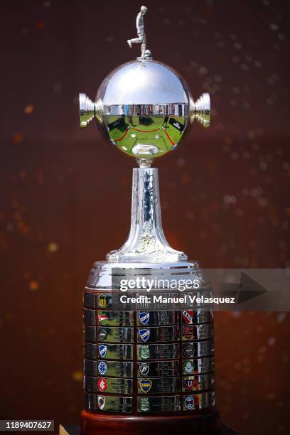 The CONMEBOL Trophy is displayed at fan fest in La Casa del Hincha ahead of the final match of Copa CONMEBOL Libertadores 2019 on November 22, 2019...